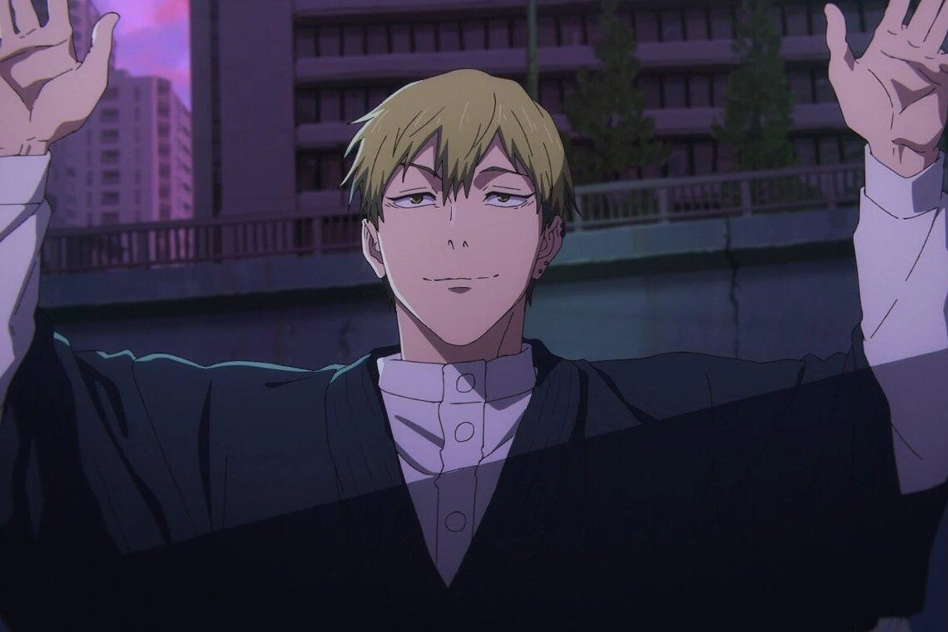 Screenshot of Naoya Zenin doing a pose similar to the absolute cinema meme pose