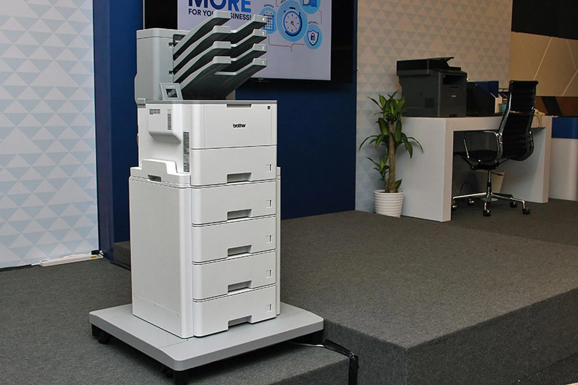 Here's a fully-decked HL-L6400DW equipped with four additional front input cassettes and a mailbox sorter.