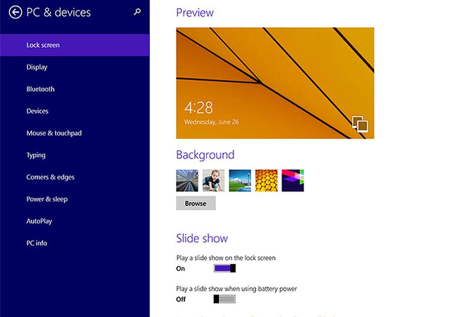 PC settings has been redesigned too, and now sports many new settings. For example, you can manage SkyDrive storage, customize display resolutions, adjust typing and power options here. Shown here is the PC & devices page in PC settings.