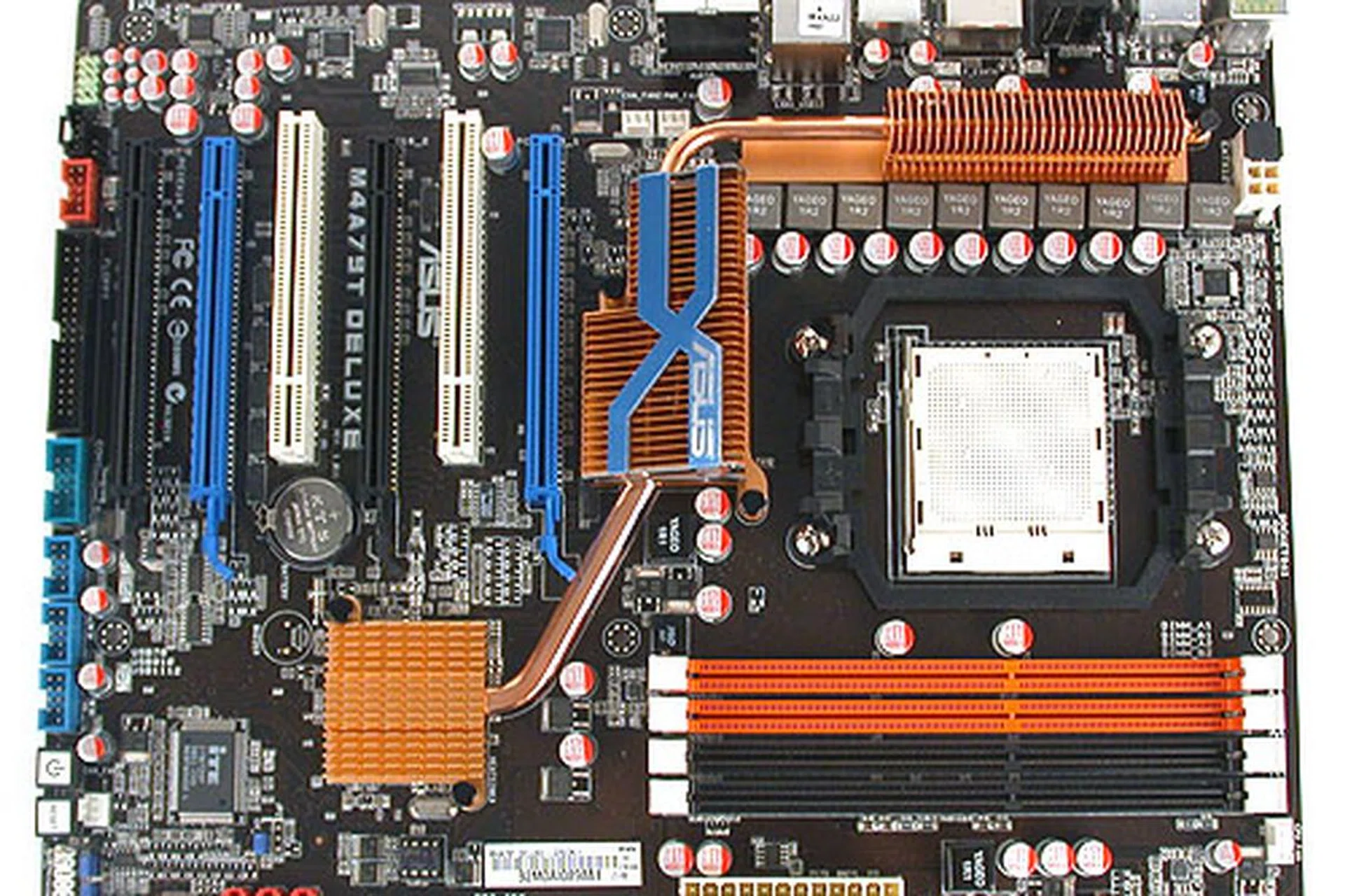 It's the usual ASUS motherboard color scheme on the M4A79T Deluxe, while the motherboard passive heatsinks appears to be modest in number. 