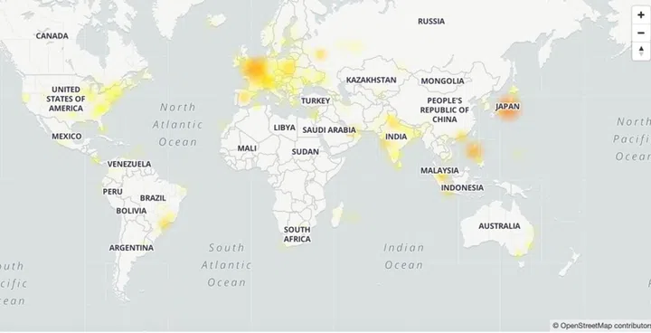 Downdetector's map of the Google services outage.