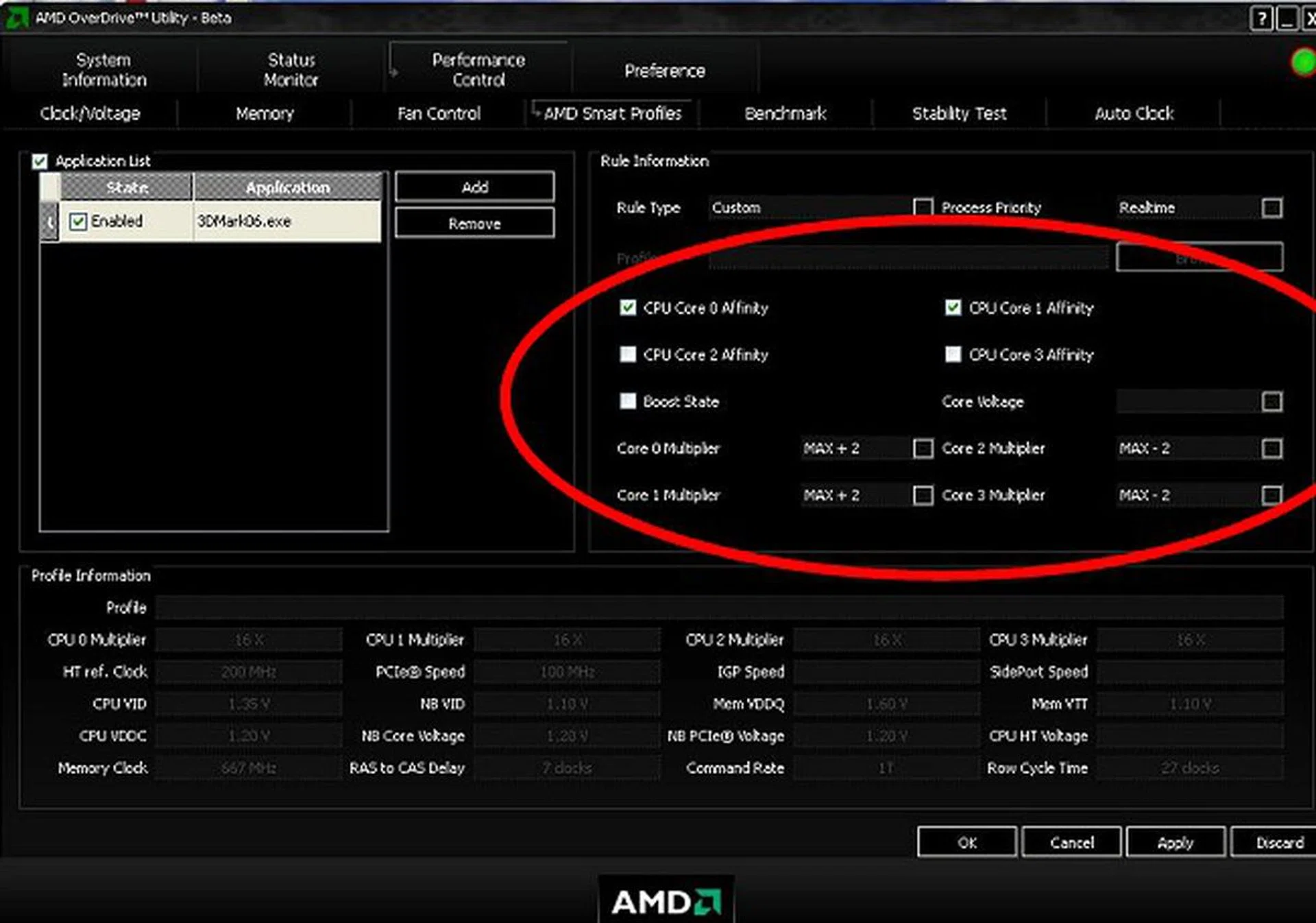 A snapshot of the process of setting CPU affinity and multiplier settings to every core for each program and each saved as a profile that can be activated on your call.