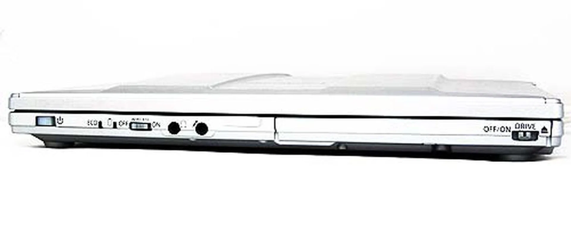 The Panasonic ToughBook CF-S9 is a no nonsense business rugged notebook. And right on the front, you can see the wireless switch, audio jacks and the switch to pop open the optical drive's top cover.