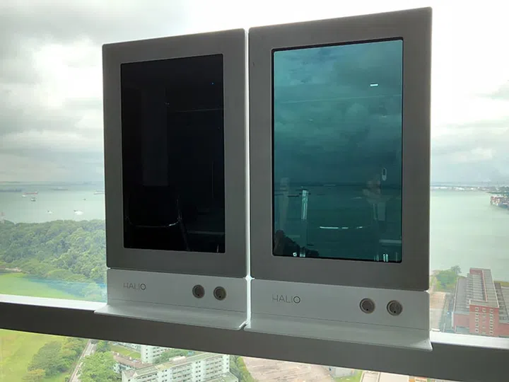 Halio in its tinted state after three minutes. The one on the left has been set to a darker tint than the one on the right.
