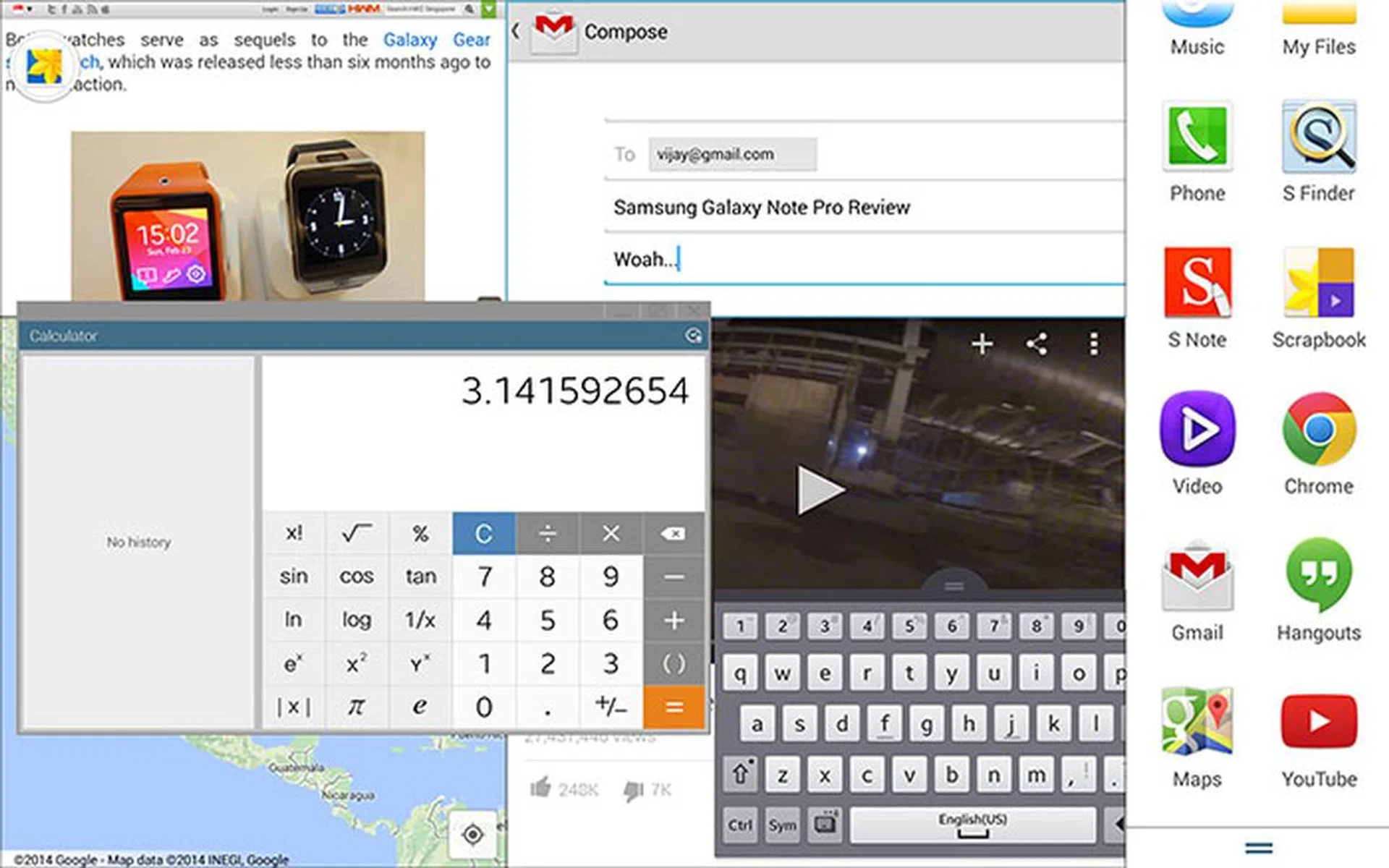 Chrome, Gmail, Maps, YouTube, Calculator, Gallery (minimized) - now that's what I call multi-tasking.