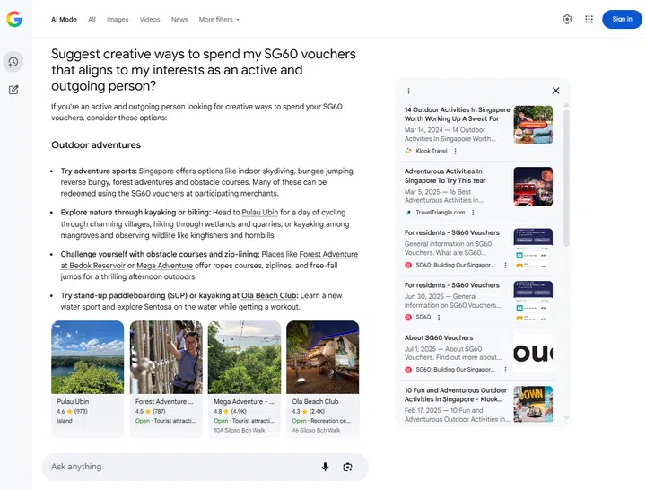 Using Google Search’s AI Mode to find more ways to spend your SG60 Vouchers.