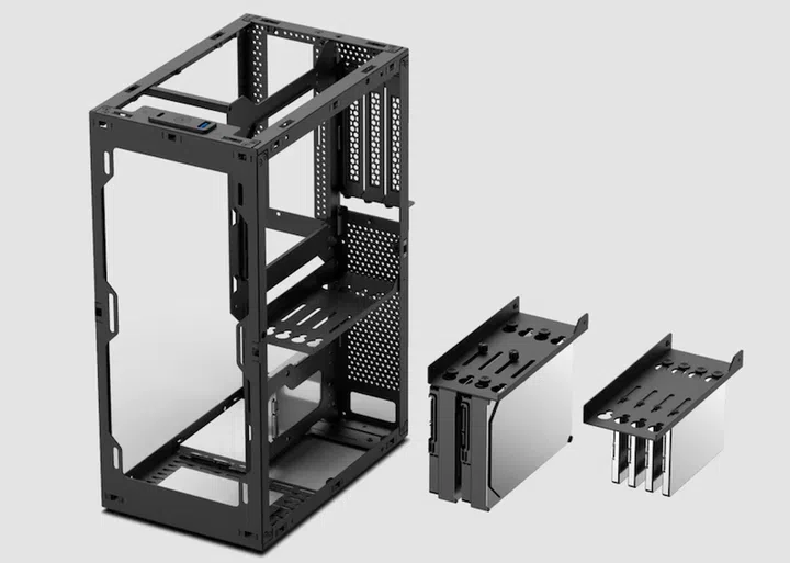 A hard drive cage that can house either four solid state drives, or two hard disk drives, pictured next to the Meshlicious case.