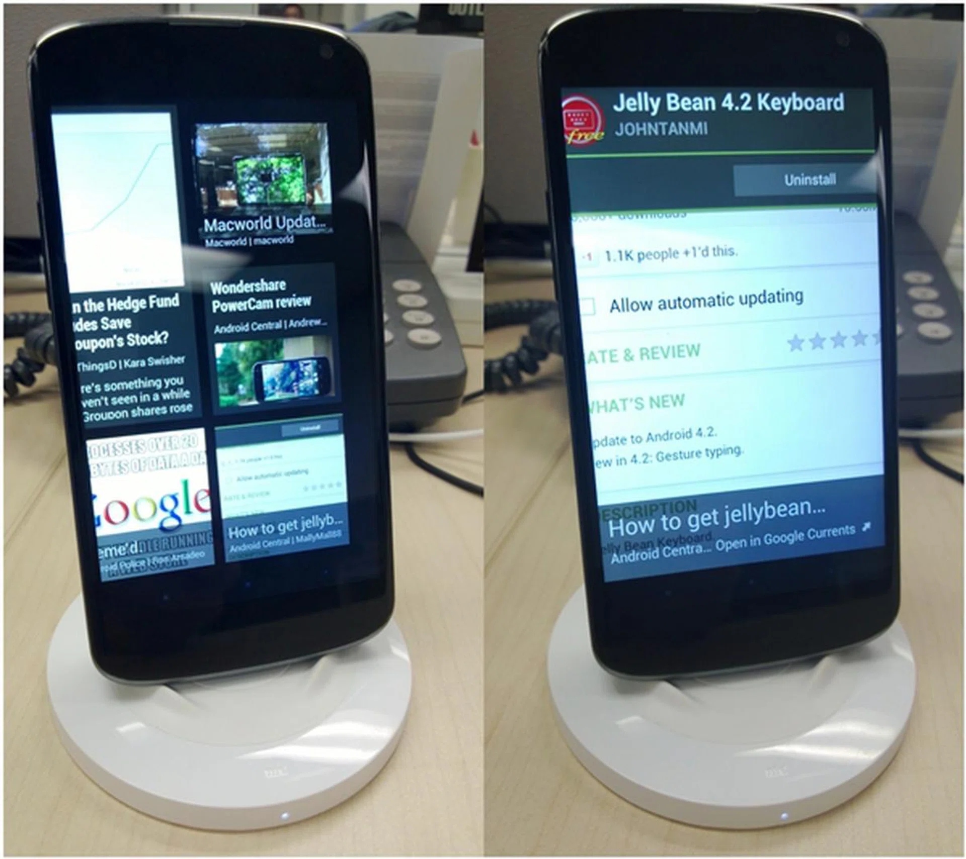 We find Daydream to be very useful when displaying feeds from Google Currents. Not only can you view multiple news stories (left), you can tap on one article and read a summary of it (right). If you wish to read the entire article, simply tap on the option, "Open in Google Currents".