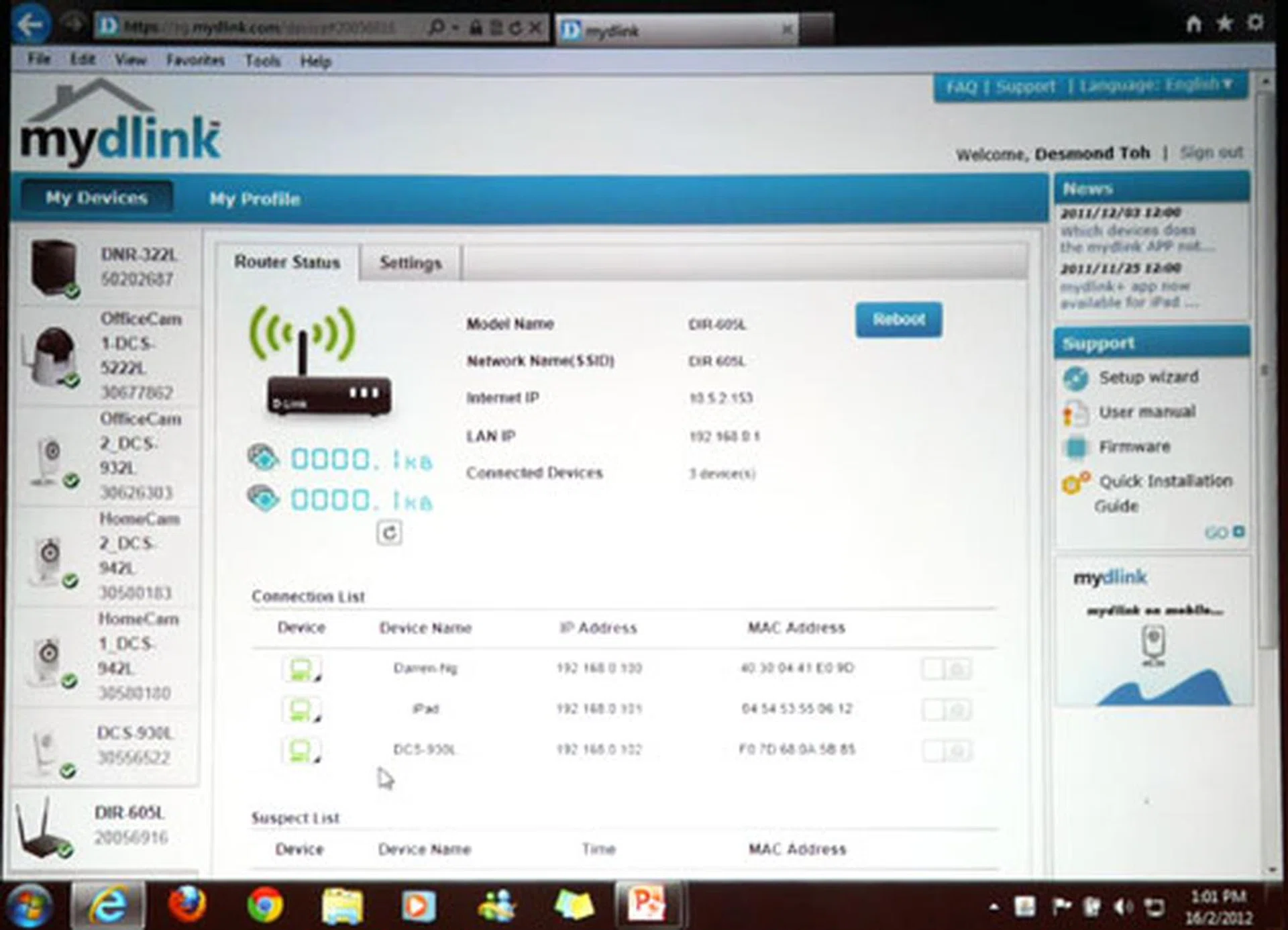 Screenshot of 'mydlink' portal - Cloud devices added on to your 'mydlink' account are listed on the left column. From here, you may configure D-Link's Cloud devices regardless of where you are at in the world as long as you are connected to the net. 