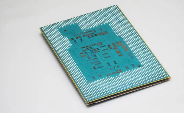 The ball grid array side of an Intel assembled glass substrate test chip. (Source: Intel).