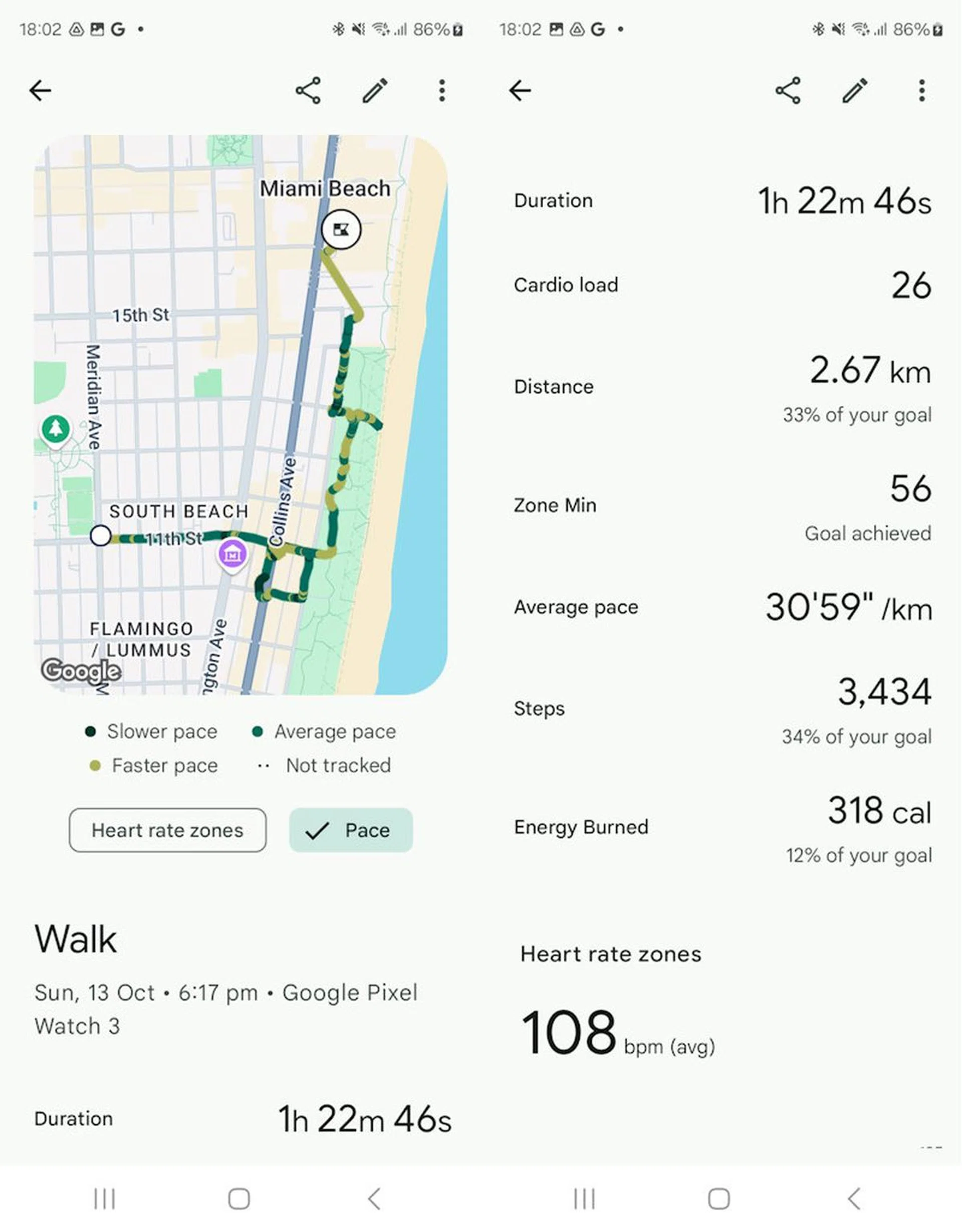 I've brought the Pixel Watch 3 all over the world. Here's a leisurely walk along Miami Beach. GPS and auto workout tracking is solid. Screenshot: HWZ