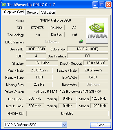 GPU-Z screenshot of GeForce 8200 features.