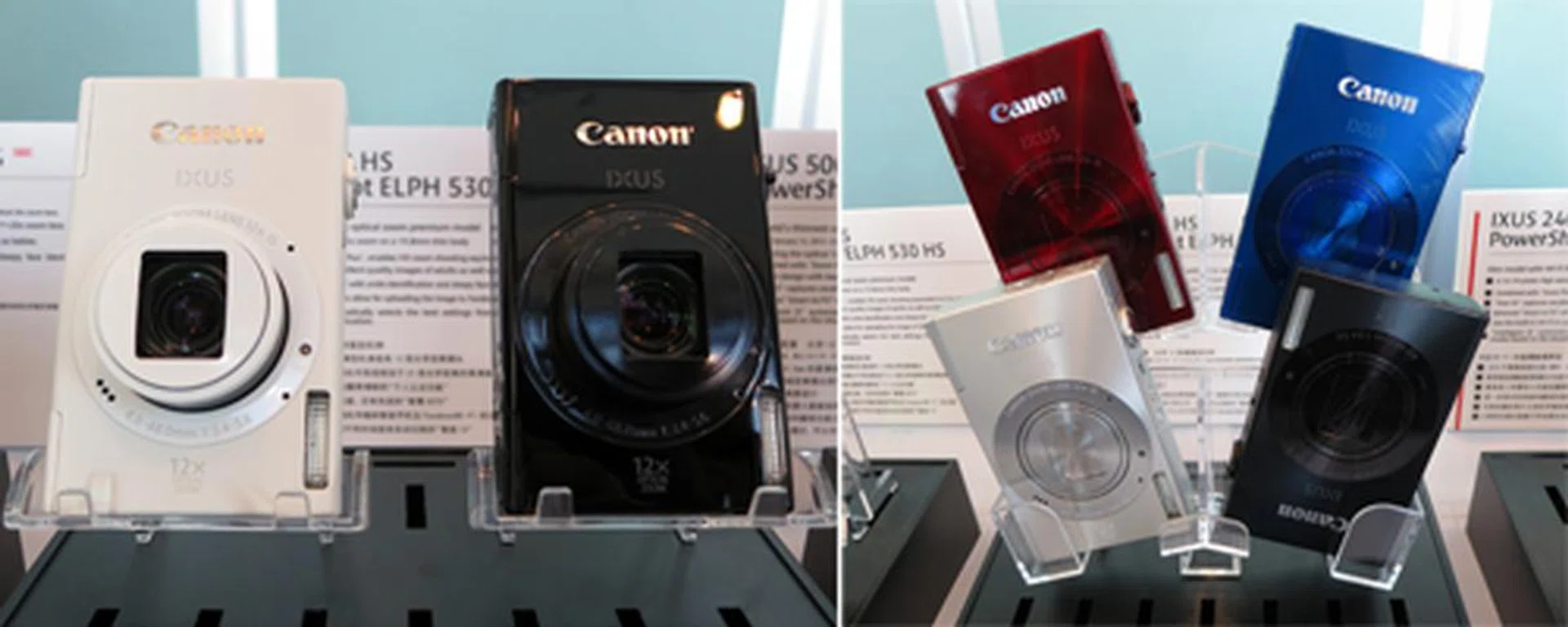 These two boast a sleek, ultra-slim design that pays homage to the 12-year legacy of the original Canon IXUS camera. Common features include a 10.1-megapixel HS system CMOS sensor, Full HD video recording, Intelligent IS, and a remarkable 12x optical zoom (28-336mm) lens. The Digital IXUS 500 HS (left, US$ 299.99) is the slimmest 12x optical zoom camera out there today at 19.2mm thin, while the Digital IXUS 510 HS (right, US$ 349.99) adds built-in Wi-Fi, like the Digital IXUS 240 HS.