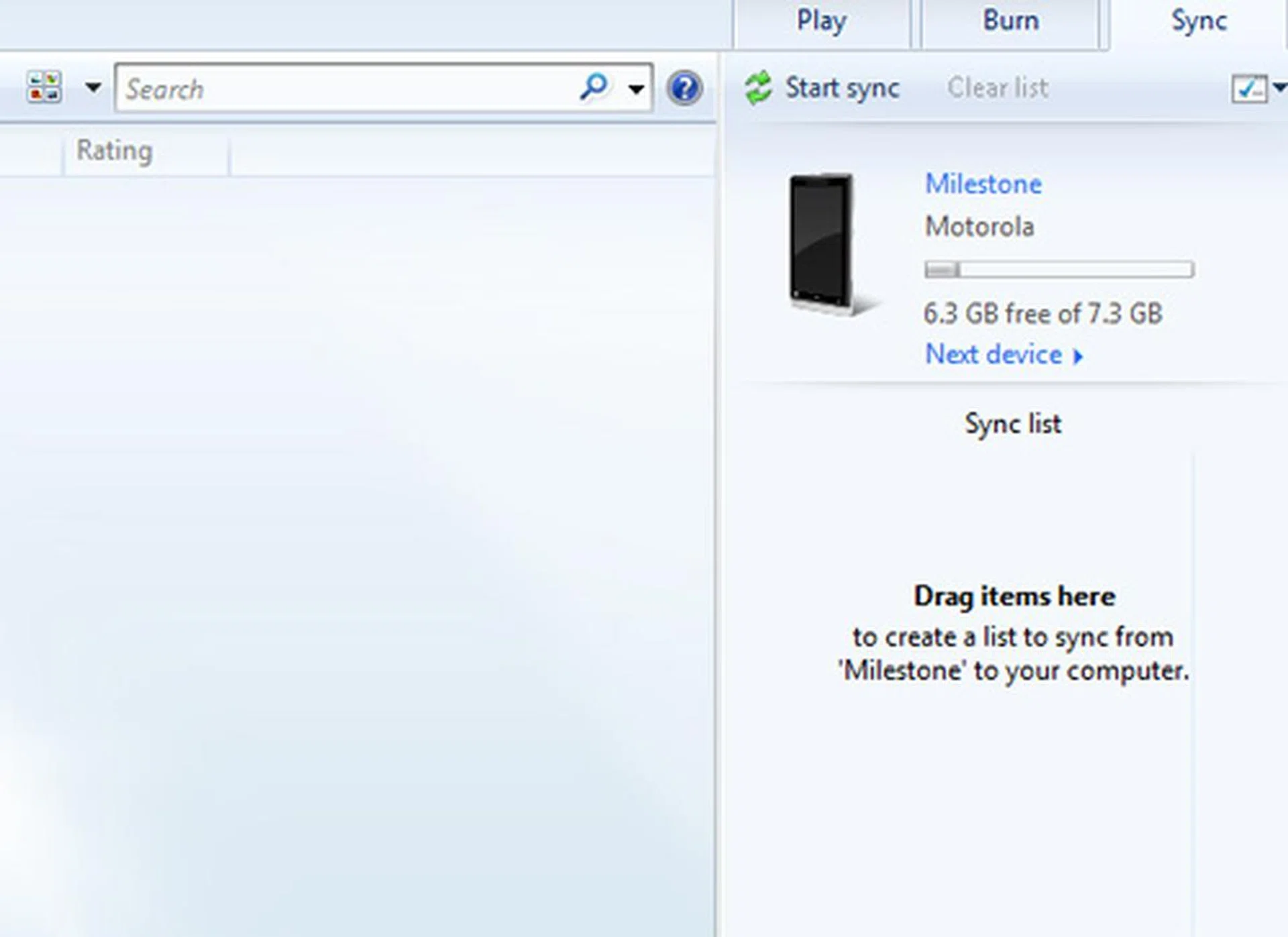 Under the Windows Media Sync connection, the Milestone will show up as a device in Windows Media Player and allows you to do a two-way media sync with the PC and device.