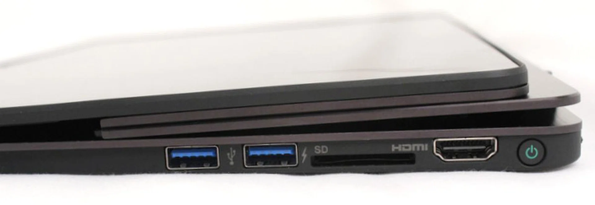 On the right side are the two USB 3.0 ports, a full-sized HDMI port and a card reader. Take note that the power button is located at the right corner as well.