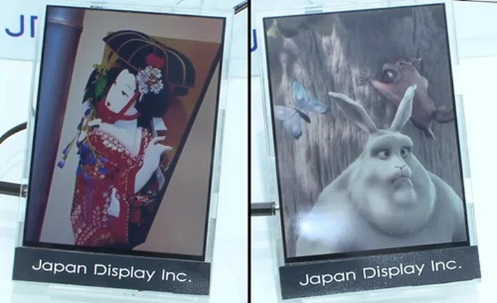 The high color gamut version (left) alongside the conventional version (right) of Japan Display's reflective LCD (Image Source: Gizmag)