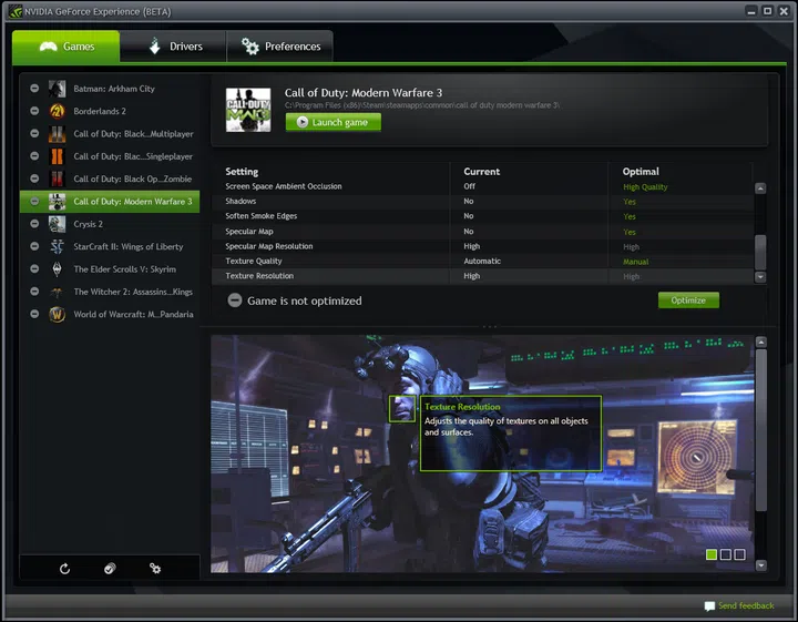 A snapshot of the NVIDIA Experience control panel.