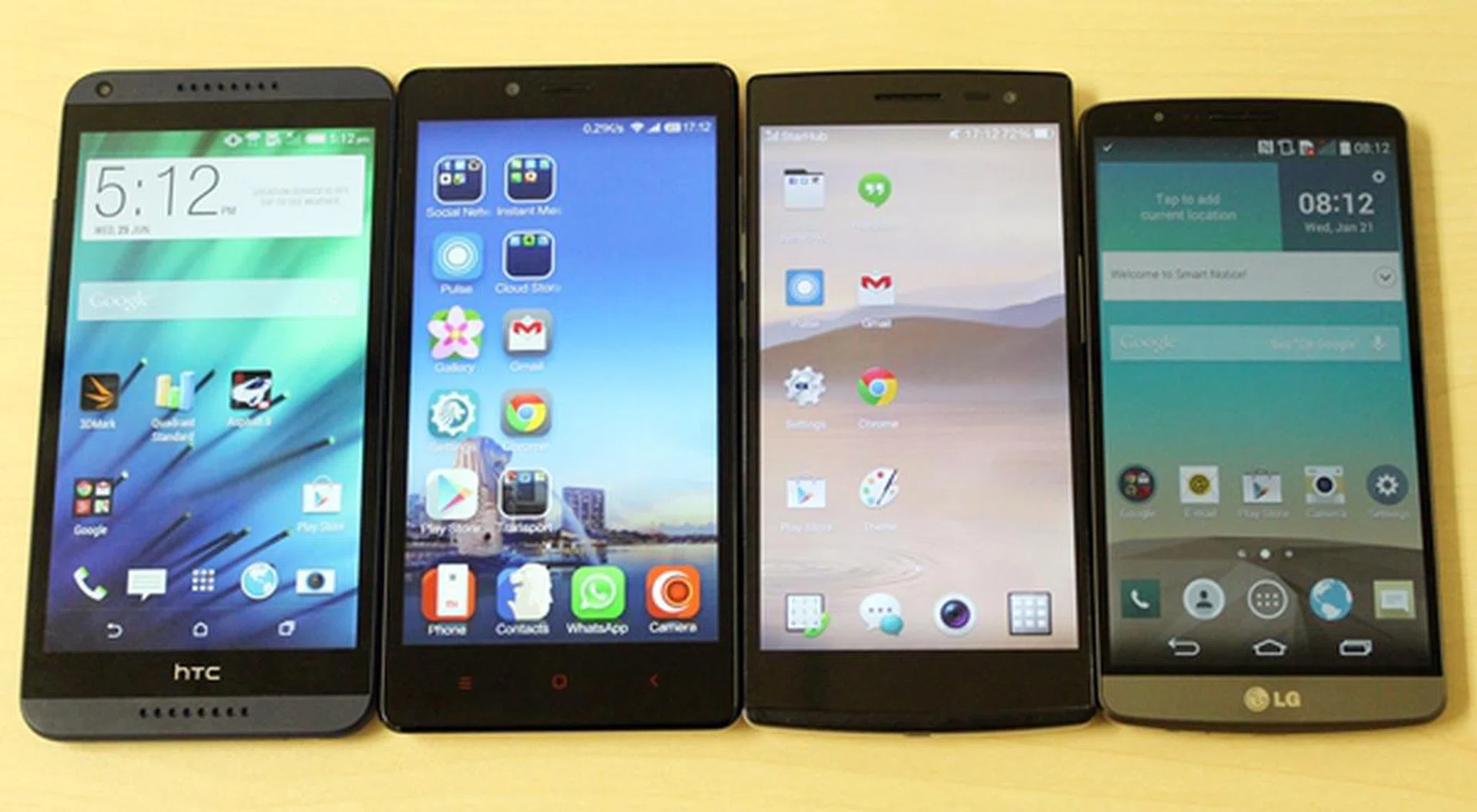 From left to right: HTC Desire 816, Xiaomi Redmi Note, Oppo Find 7A and LG G3.