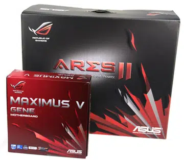 The packaging for the ROG ARES II is huge! Here it is next to an ASUS ROG MAXIMUS V GENE Micro ATX motherboard