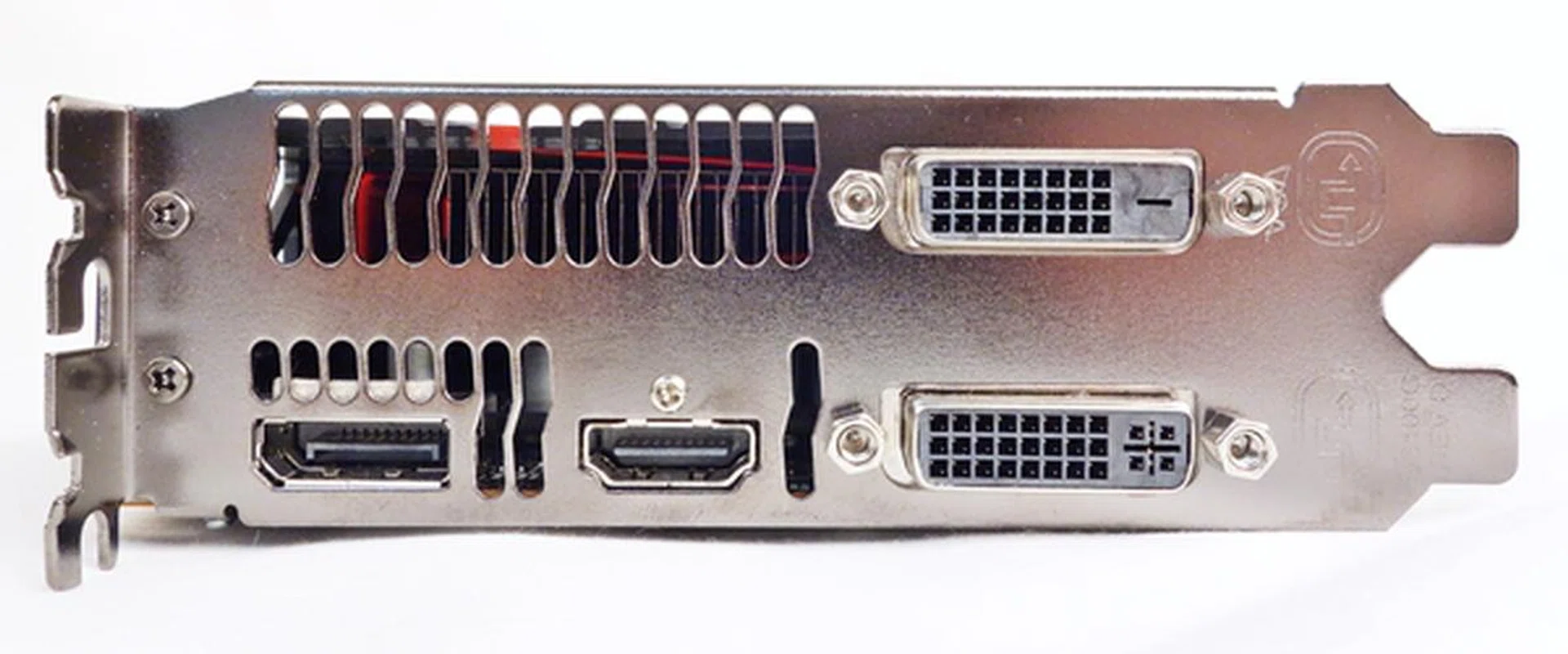 Pictured here are the video connectivity ports consisting of  two DVI ports, one HDMI port and one DisplayPort.