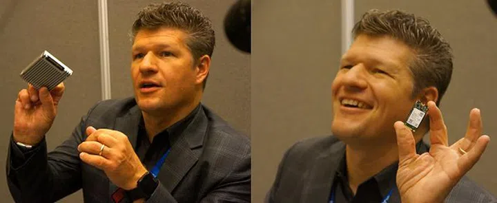 Bill Liszenske, Intel’s VP of Strategic Planning/Marketing for NVM Solutions, shared some finer details in a media roundtable session, some of which are still under NDA. In the stitched photo, Bill is emphasizing that Intel Optane technology will be available in common interfaces and form factors like U.2 (left) and M.2 (right). Cost and adoption are important factors driving this decision.