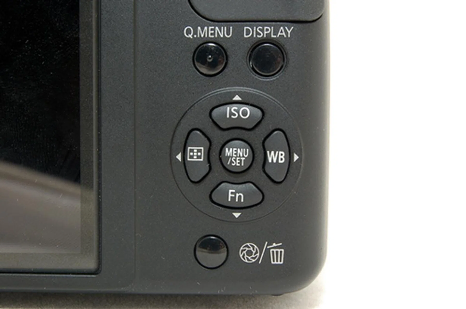 A close-up view of some quick buttons available next to the screen - ISO, White Balance and Main Menu.