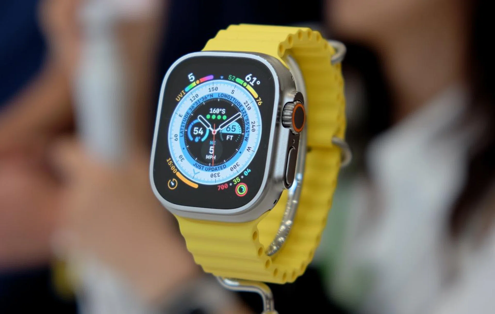 The Apple Watch Ultra is seen here with the Ocean Band.