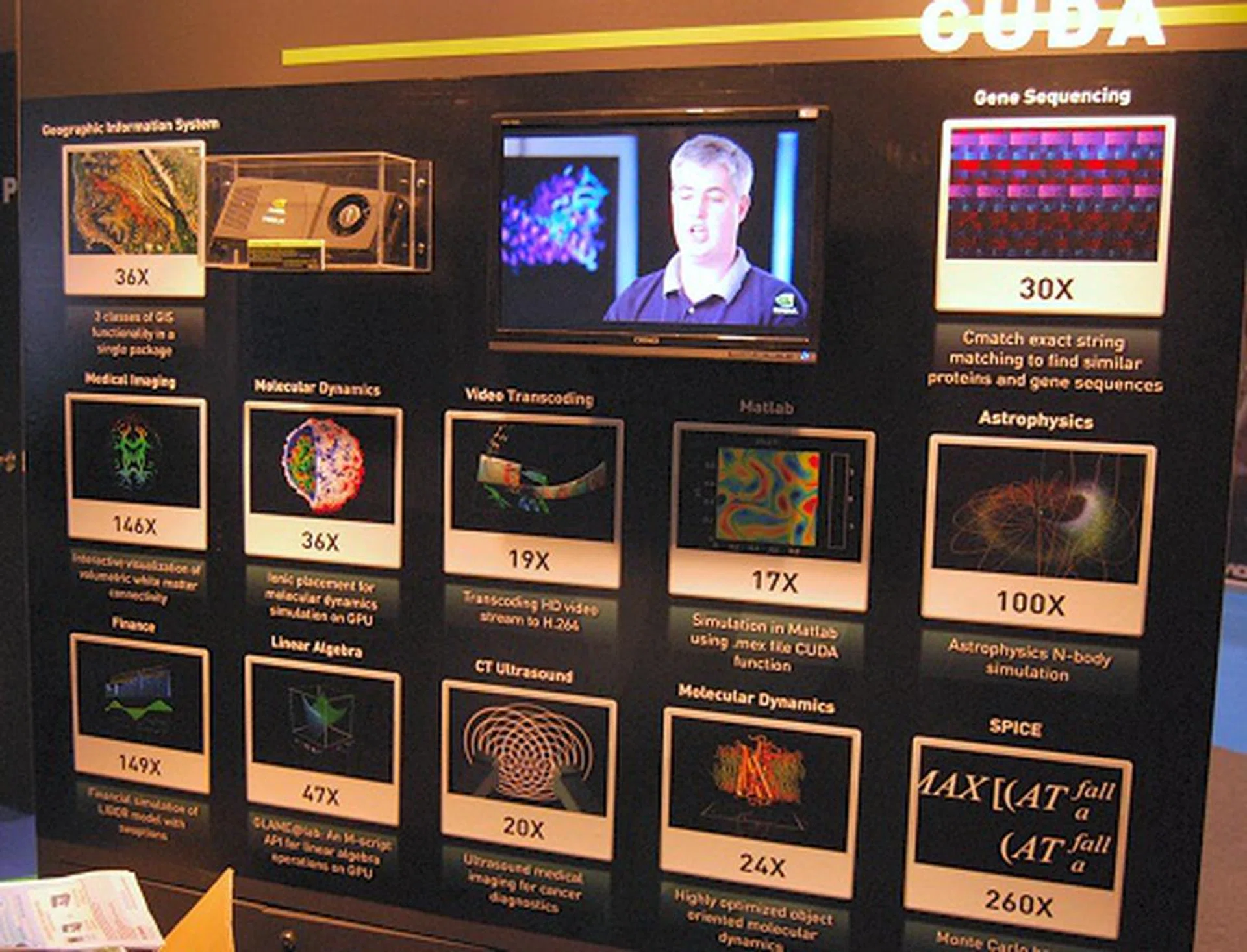 NVIDIA's promotional wall on all the processing speed-up the Tesla stream processing card is able to offer over a CPU.