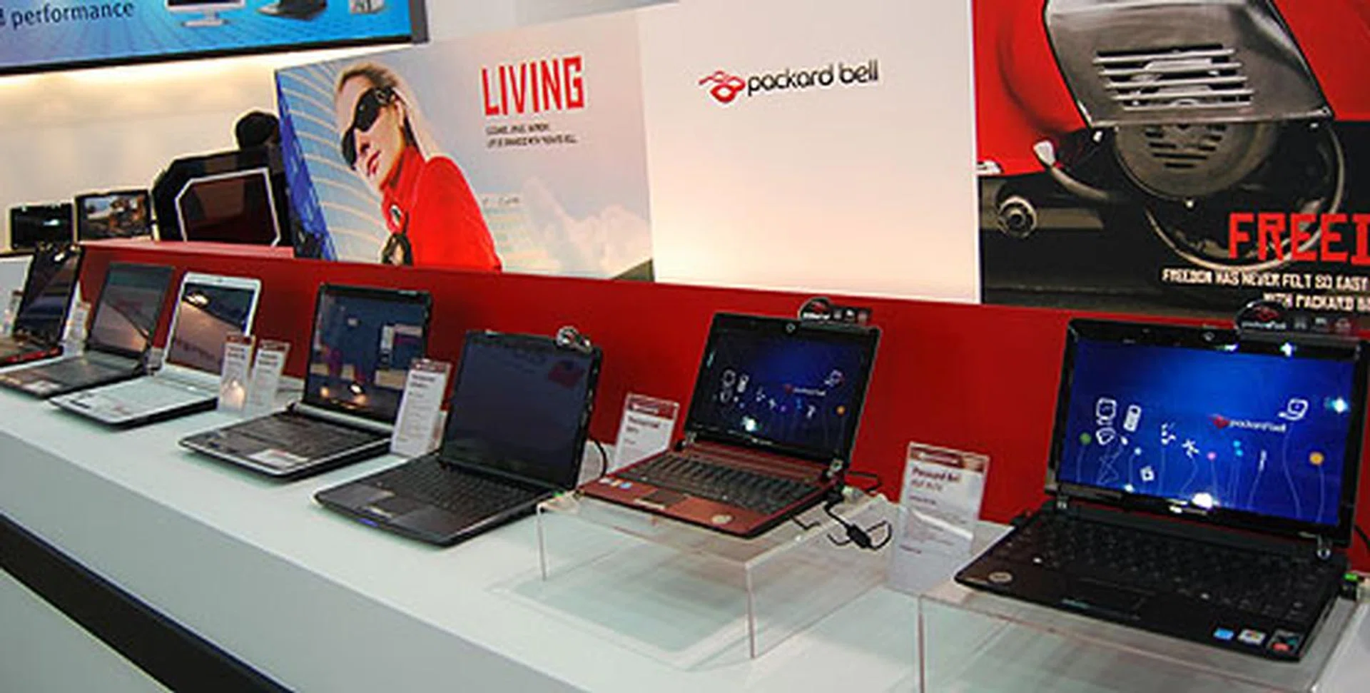A row of Packard Bell notebooks, another brand that Acer has acquired over the past few years in its course to becoming one of the largest PC vendors in the world.