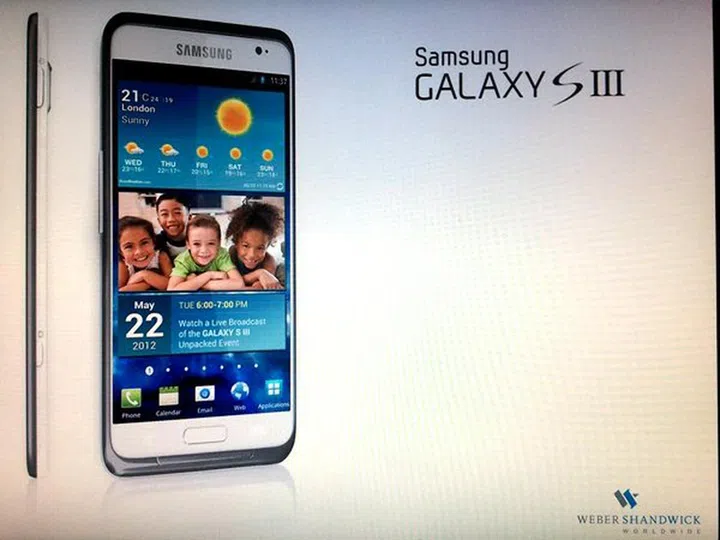 This image coming from Samsung's PR partner Weber Shandwick shows the possible actual image and launch date (May 22) of the Samsung Galaxy S III. (Image source: AsiaE) 