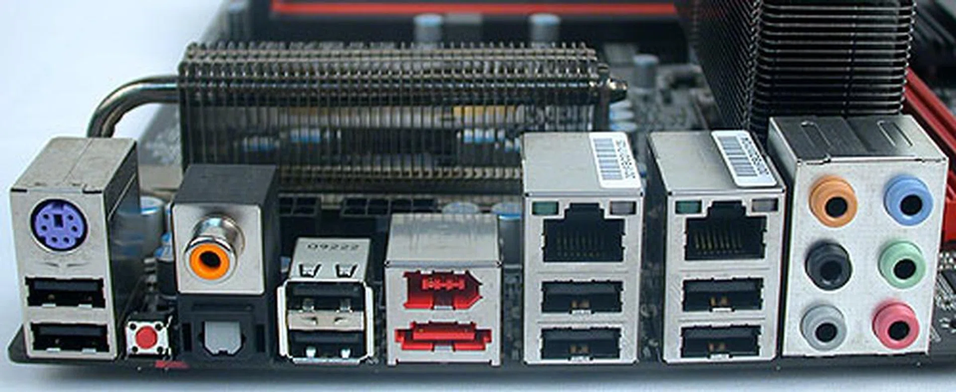 It's a 'standard' rear panel configuration for a high-end X58 board. Two Gigabit LAN ports, eSATA, FireWire and both coaxial and optical S/PDIF outputs. 