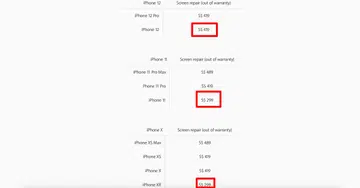 Screenshot of the screen repair costs of the different iPhone models.