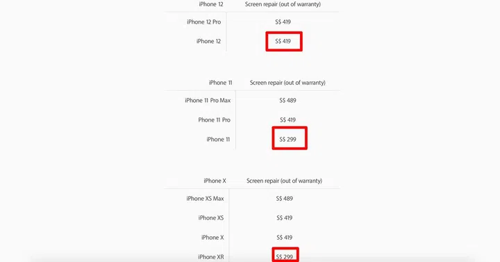 Screenshot of the screen repair costs of the different iPhone models.