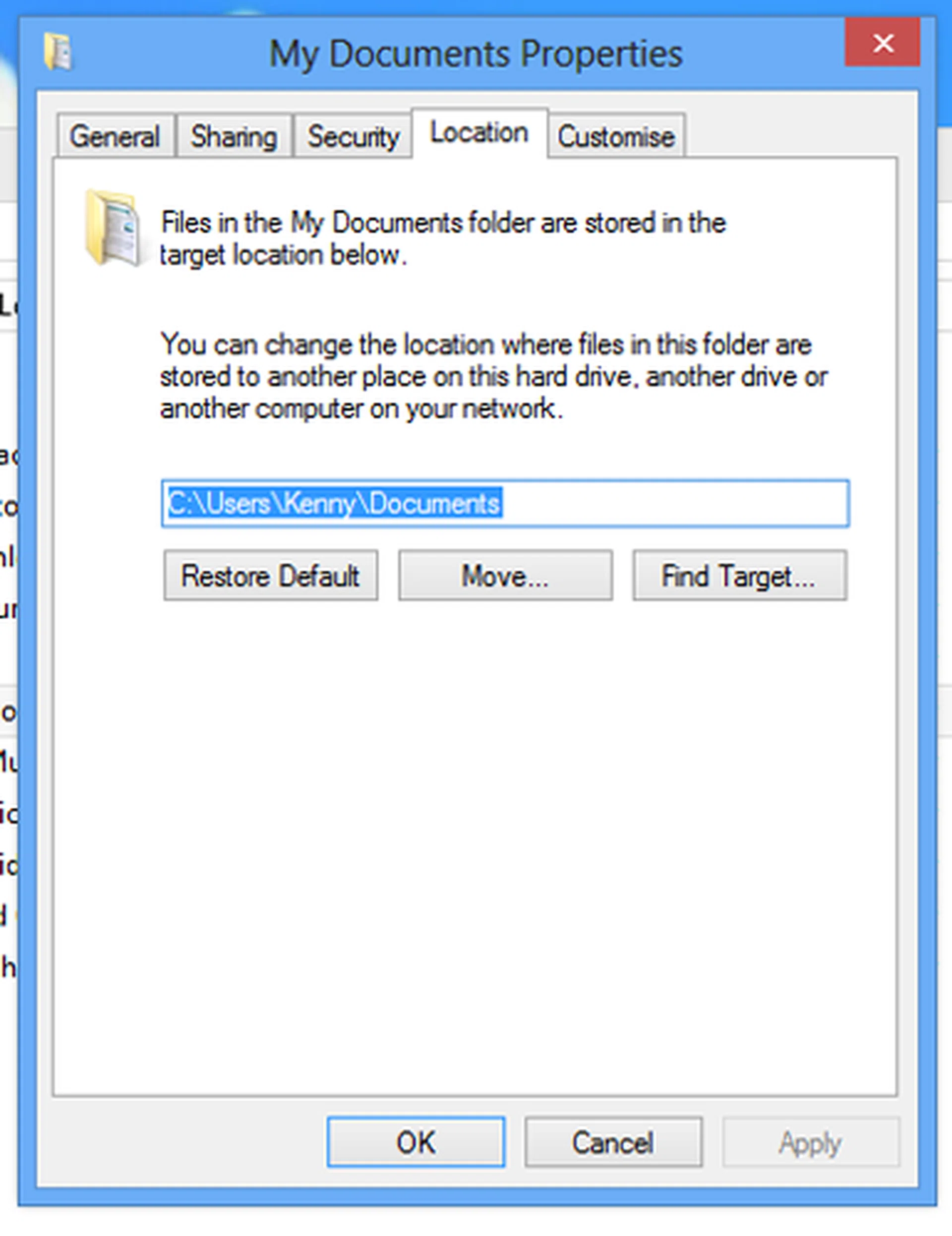 Right-click on the folders in your new User directory that you want to remap, click on Properties and then the location tab. You will be greeted with this screen where you can remap the folder to the one in your old hard drive.