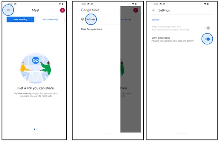 Using Limit Data Usage on your Android/iOS version of Google Meet. Source: Google.