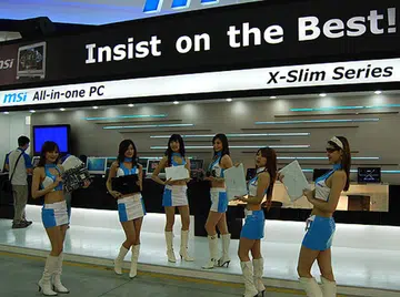 It was early in the day at MSI's booth at Nangang Exhibition hall but that did not prevent the bevy of booth gals from going through their routines.