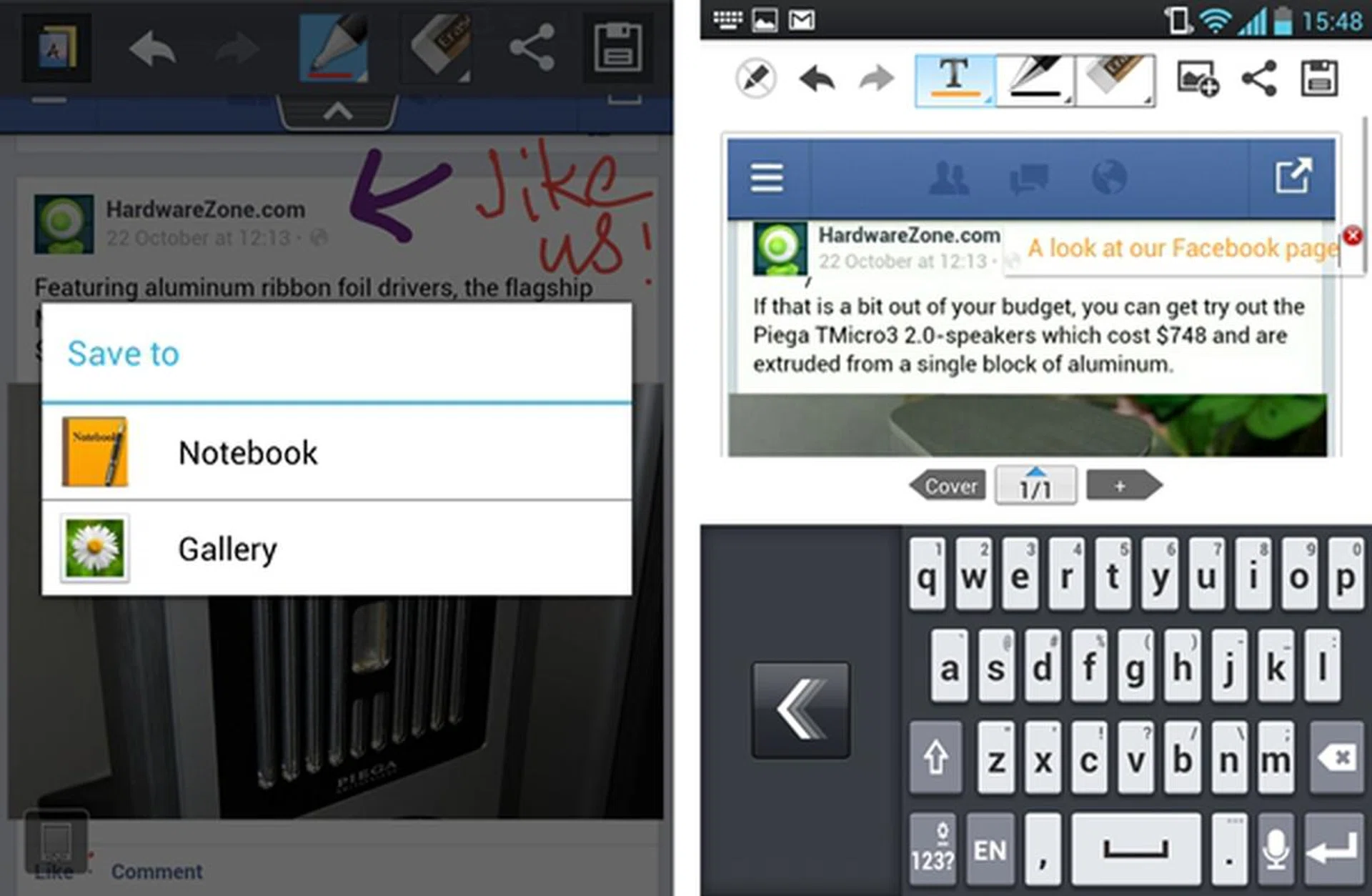Other than the usual sharing options - Facebook, Bluetooth, Twitter, Email and more - users can either save their Quick Memo pictures to a notebook or your gallery. If you chose the latter option, you can add it easily to a page in the notebook app and scribble down more notes.