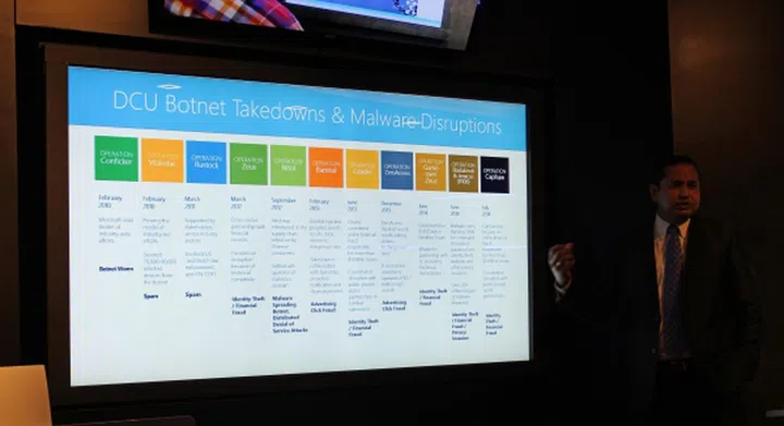 Mr Keshav S Dhakad, Regional Director (IP and Digital Crimes Unit), briefing the media on the operations the DCU have carried out.