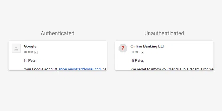 If the e-mail is from an unauthenticated source, there will be a red question mark where their company logo or default Gmail logo should be.