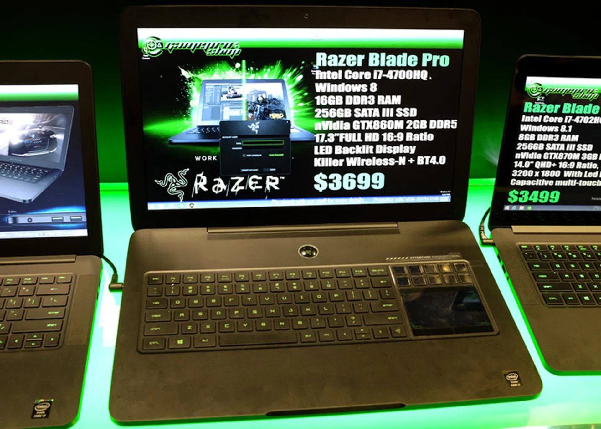 The ultra sleek 2014 Razer Blade Pro is available at Comex with a 17.3-inch Full HD display, Intel Core i7-4700HQ processor, NVIDIA GTX 860M GPU, 16GB RAM, and 256GB SSD storage for $3,699.