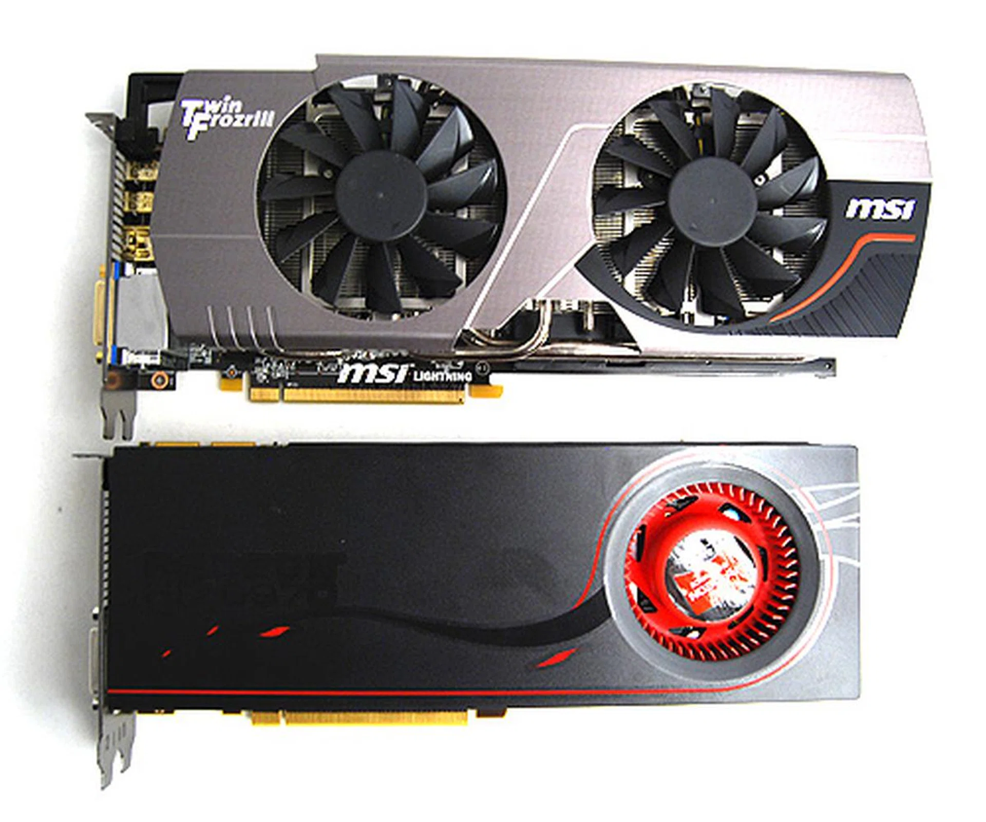 The MSI R6970 Lightning looks considerably stockier thanks to the large Twin Frozr III cooler.