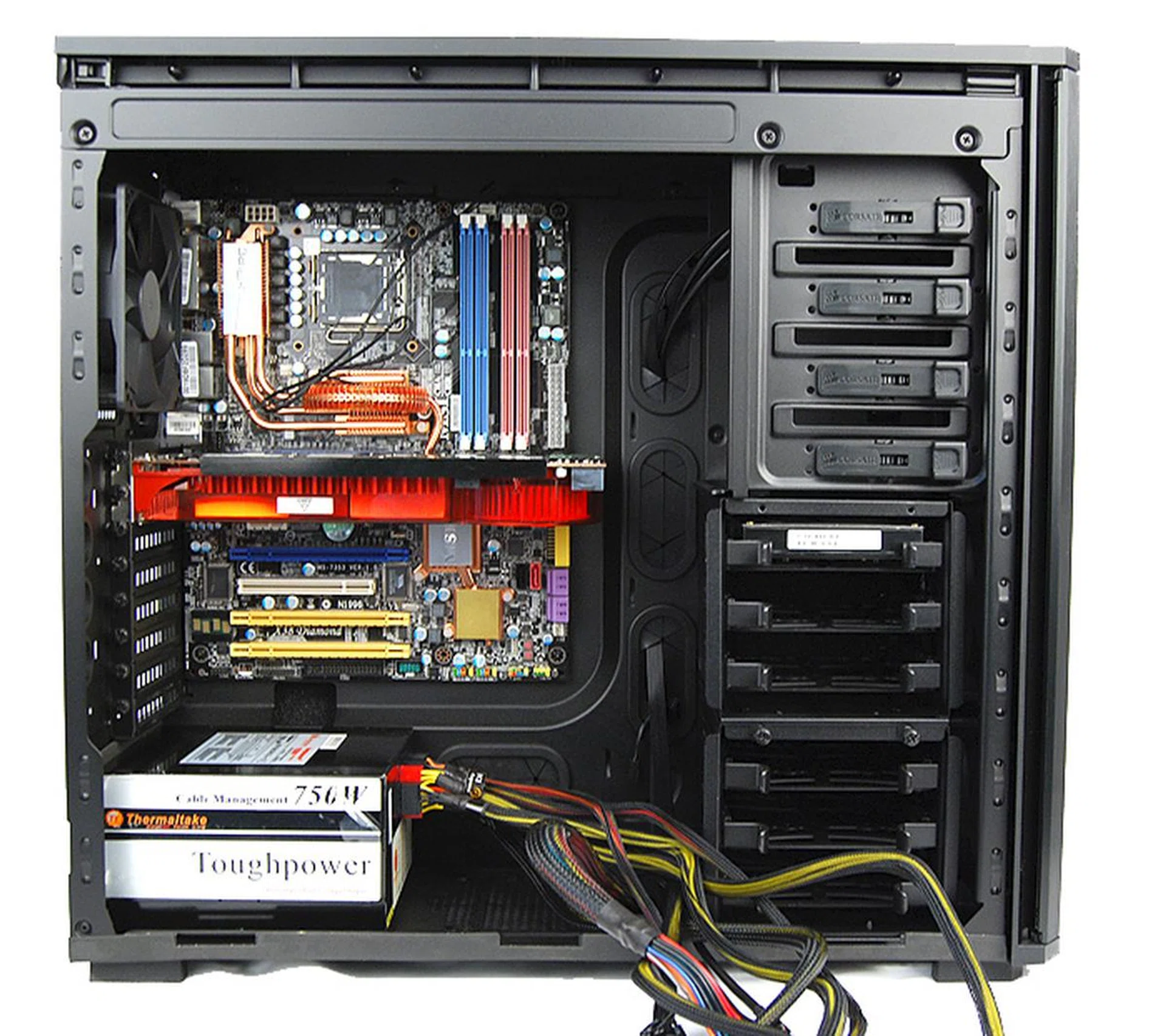 A look at the Corsair 550D with all the major components installed. There's tons of space even after installing an 11-inch long Radeon HD 3870 X2 graphics card.