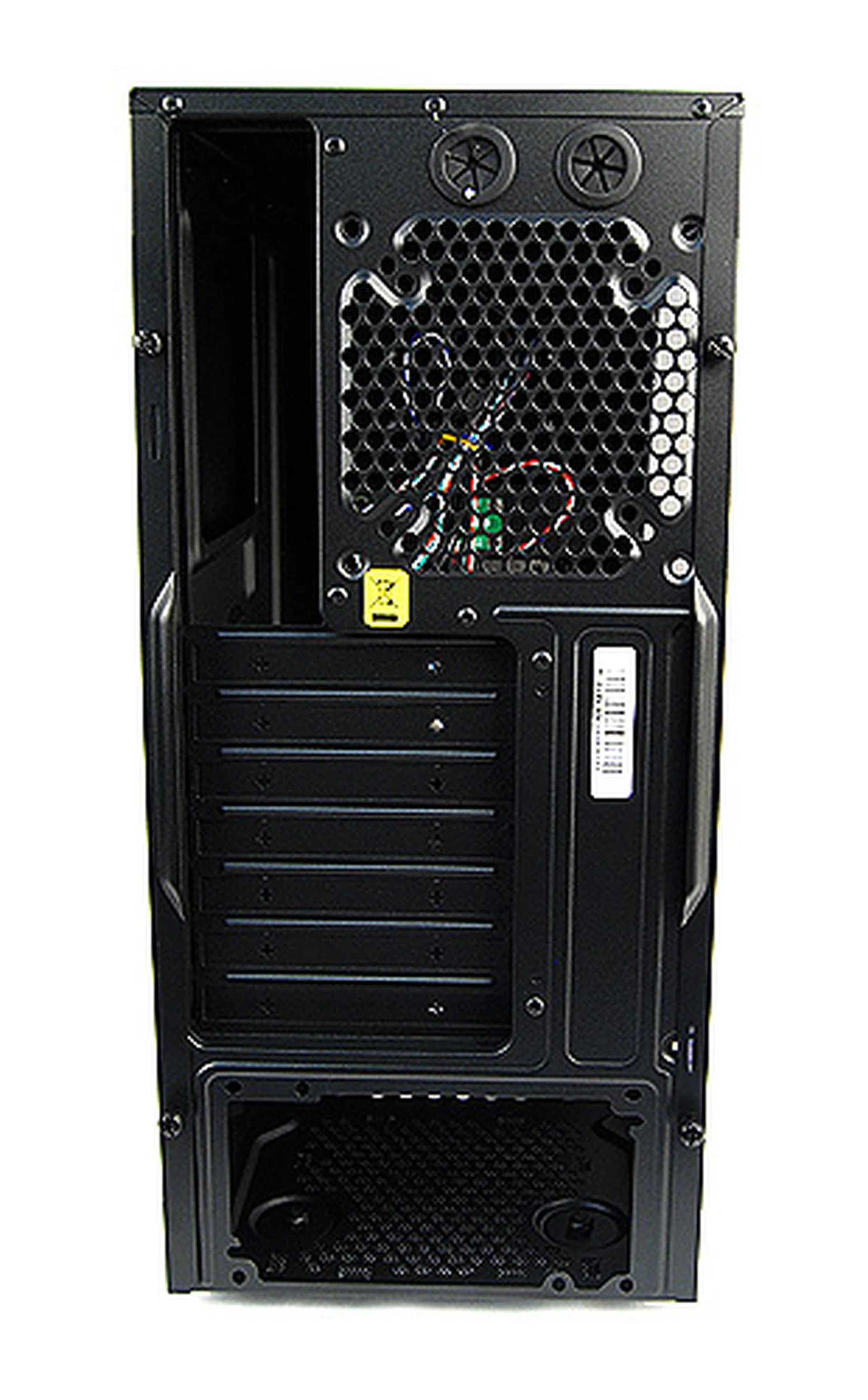 The rear panel is as you'd expect from an entry-level chassis. There's two grommets for liquid-cooling setups and there's provisions for a rear exhaust fan. Really though, a rear exhaust fan should have come as standard.