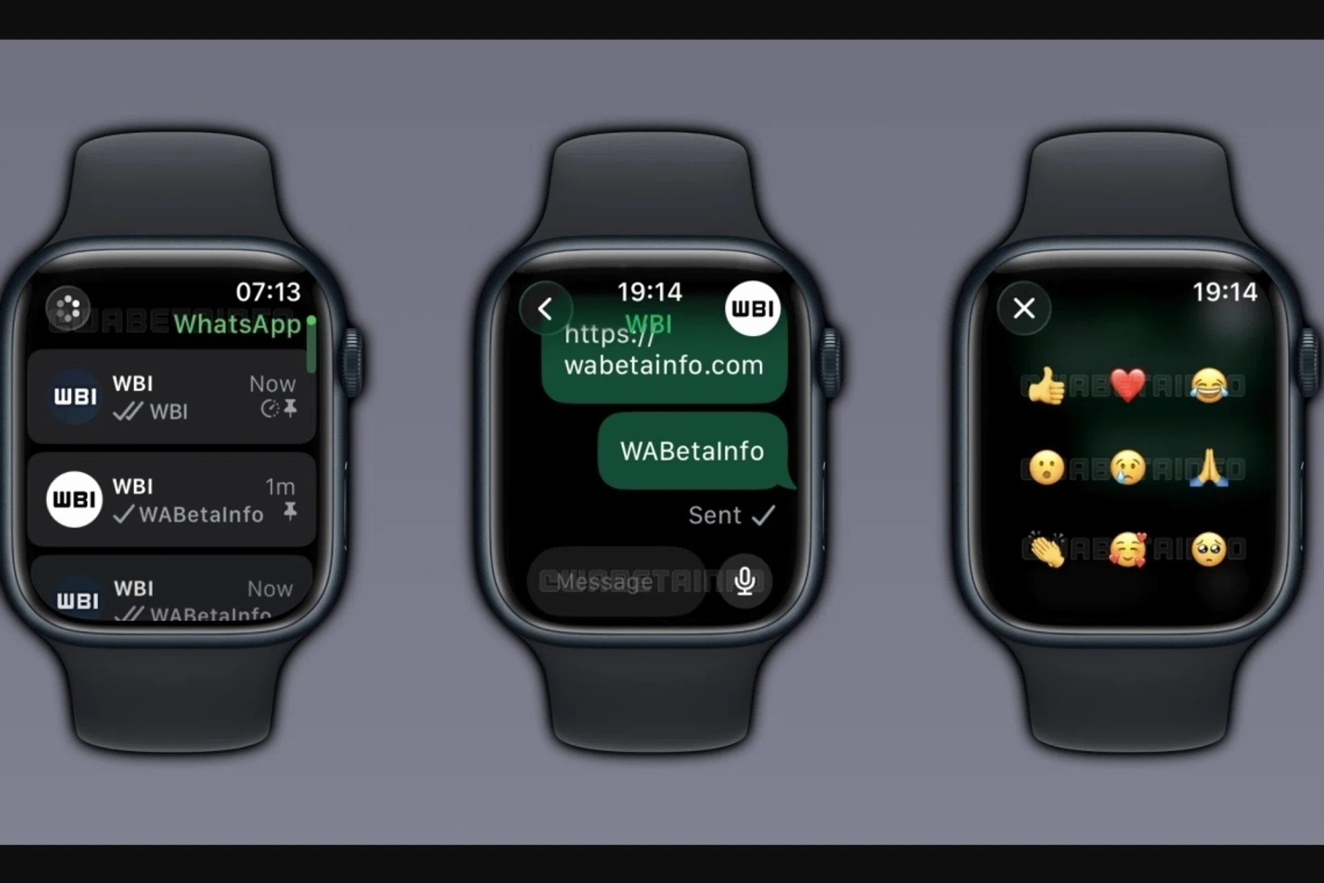 Screenshots of the WhatsApp companion app for the Apple Watch.