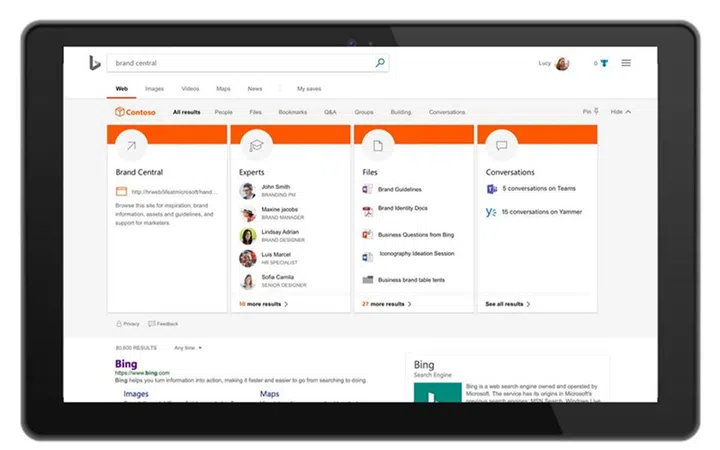 If you search on Bing, you’ll get both web and organizational results like documents you've recently worked on. (Image Source: Microsoft)