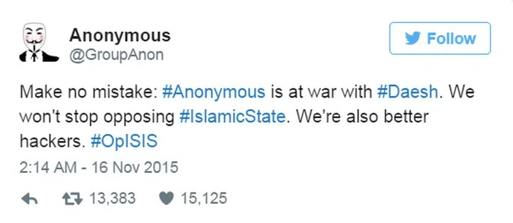 The group took to Twitter for a further declaration of war, referring to the Islamic State by its Arabic acronym, Daesh.