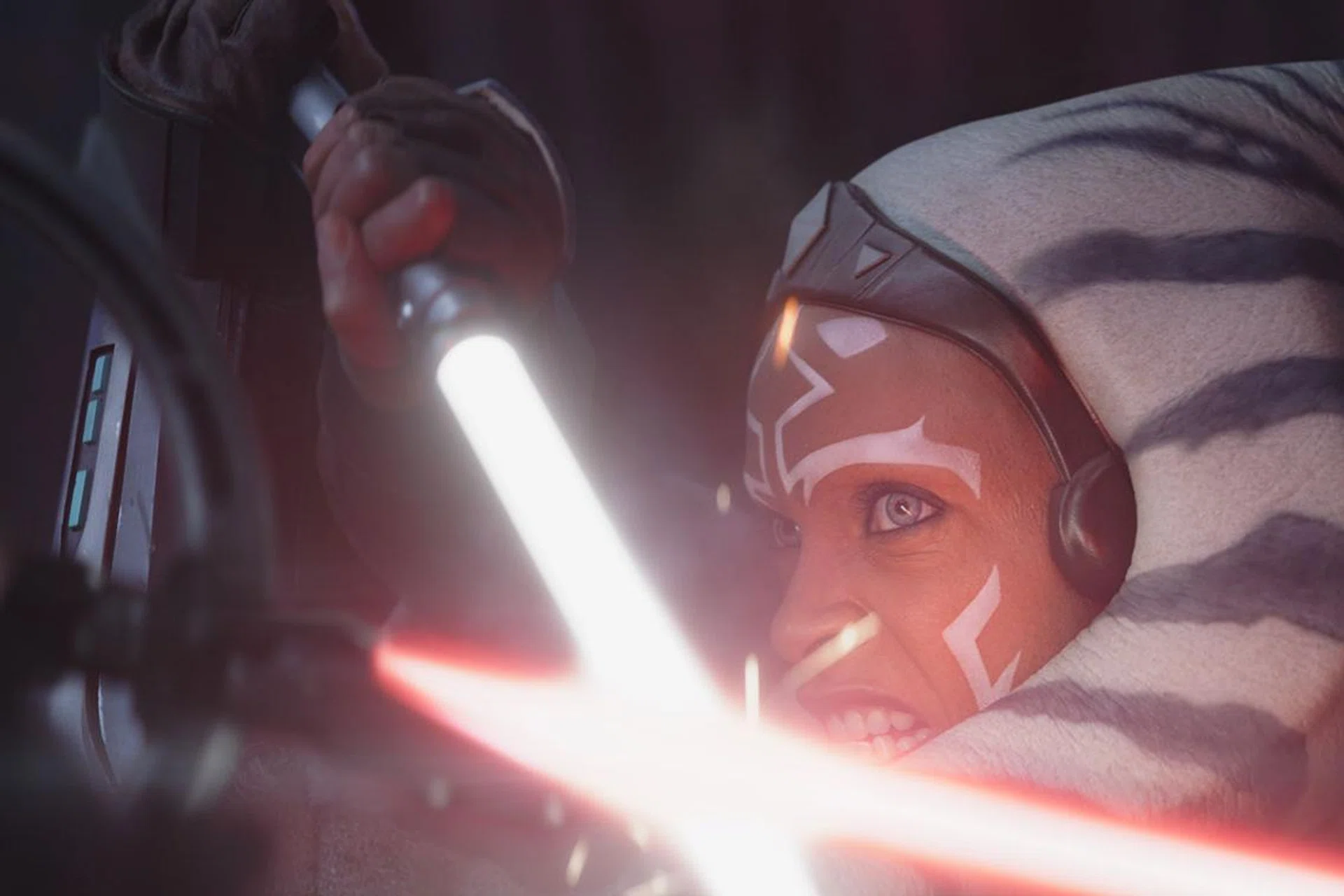 Ahsoka crosses blades with masked baddie Marrok. (Image Source: Disney+)