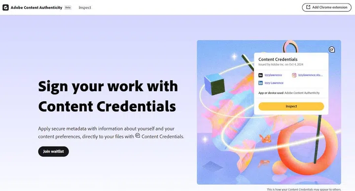Adobe Content Authenticity web app main page. 
