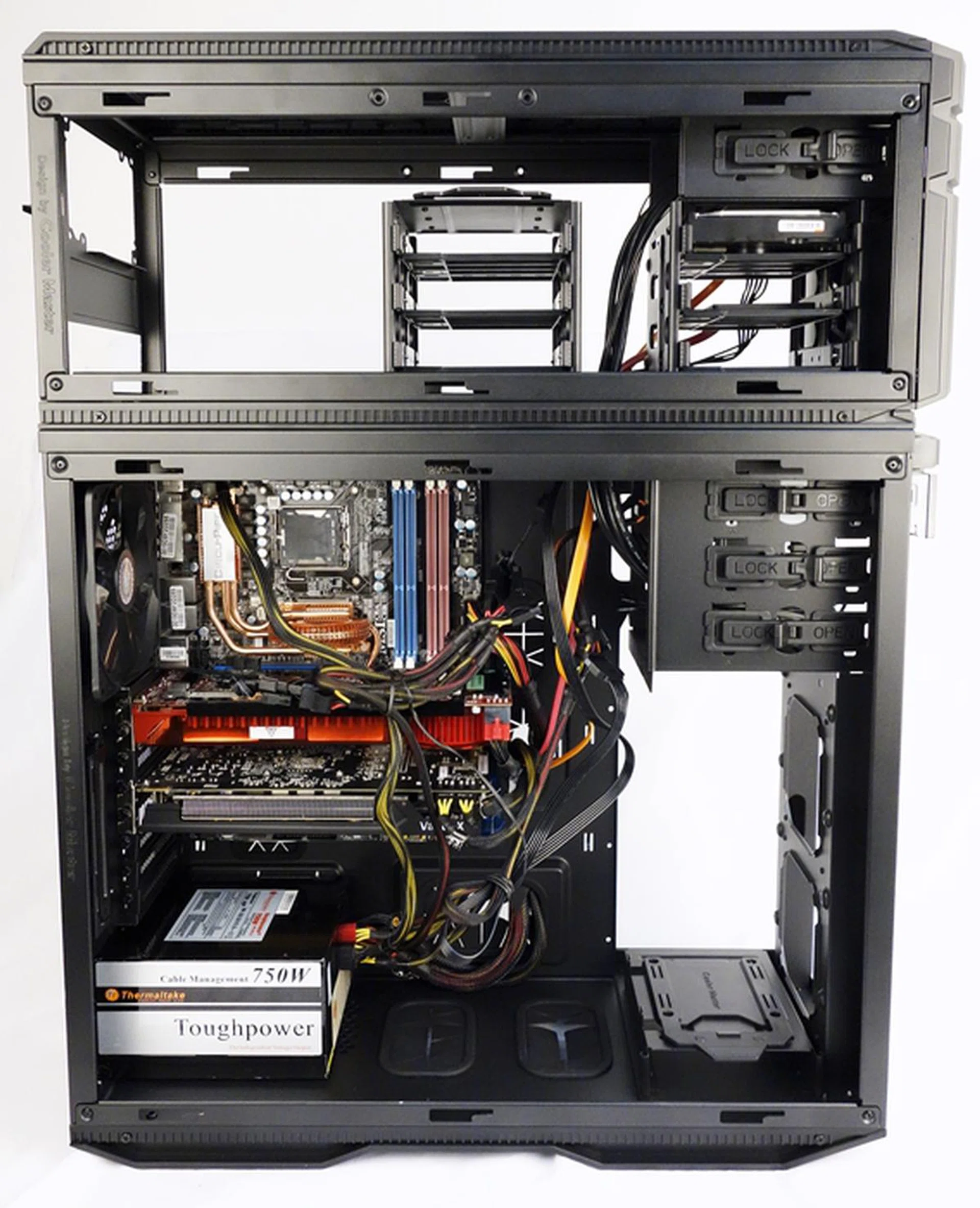 With the HDD enclosures removed, another advantage is more room for long graphics cards with oversized custom cooling systems.