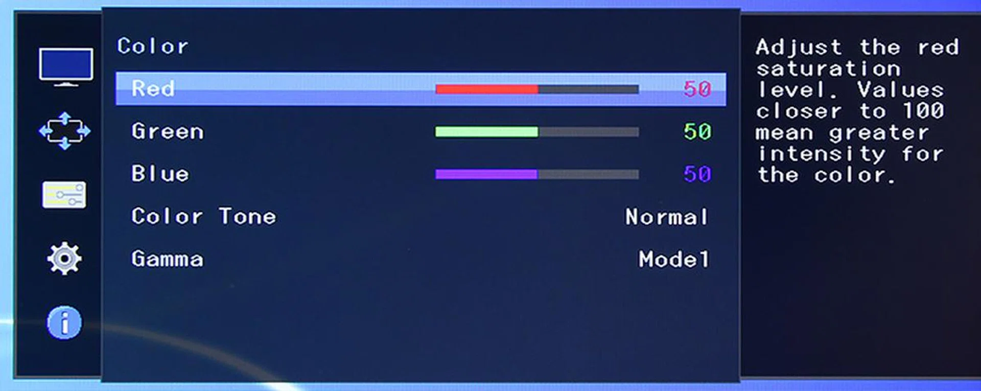 For tweakers, the Color sub-menu houses settings for color tone (color temperature), gamma, as well as red, green, and blue levels.